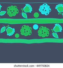 Horizontal seamless pattern of floral motifs, doodles,  object,leaves, flowers, spirals, ellipses, bell, stripes, spot, copy space. Hand drawn.