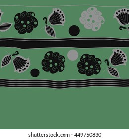 Horizontal seamless pattern of floral motifs, doodles,  object,leaves, flowers, spirals, ellipses, bell, stripes, spot, copy space. Hand drawn.