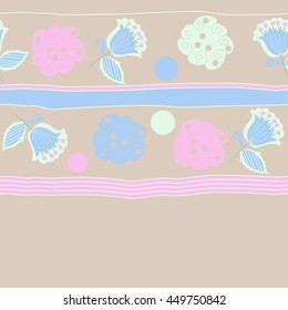 Horizontal seamless pattern of floral motifs, doodles,  object,leaves, flowers, spirals, ellipses, bell, stripes, spot, copy space. Hand drawn.