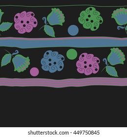 Horizontal seamless pattern of floral motifs, doodles,  object,leaves, flowers, spirals, ellipses, bell, stripes, spot, copy space. Hand drawn.