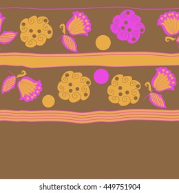 Horizontal seamless pattern of floral motifs, doodles,  object,leaves, flowers, spirals, ellipses, bell, stripes, spot, copy space. Hand drawn.