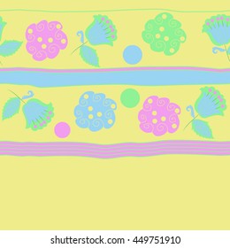 Horizontal seamless pattern of floral motifs, doodles,  object,leaves, flowers, spirals, ellipses, bell, stripes, spot, copy space. Hand drawn.