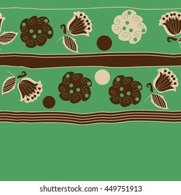 Horizontal seamless pattern of floral motifs, doodles,  object,leaves, flowers, spirals, ellipses, bell, stripes, spot, copy space. Hand drawn.