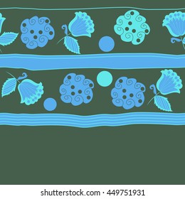 Horizontal seamless pattern of floral motifs, doodles,  object,leaves, flowers, spirals, ellipses, bell, stripes, spot, copy space. Hand drawn.