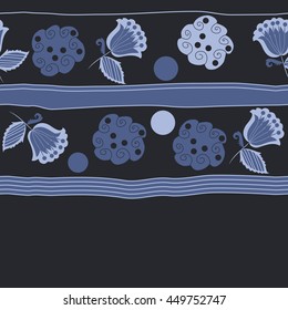 Horizontal seamless pattern of floral motifs, doodles,  object,leaves, flowers, spirals, ellipses, bell, stripes, spot, copy space. Hand drawn.