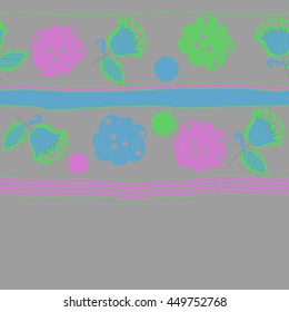 Horizontal seamless pattern of floral motifs, doodles,  object,leaves, flowers, spirals, ellipses, bell, stripes, spot, copy space. Hand drawn.