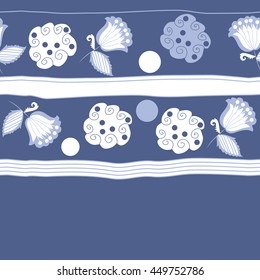 Horizontal seamless pattern of floral motifs, doodles,  object,leaves, flowers, spirals, ellipses, bell, stripes, spot, copy space. Hand drawn.