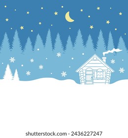 Horizontal seamless pattern with forest, house, starry sky. Winter vector background.