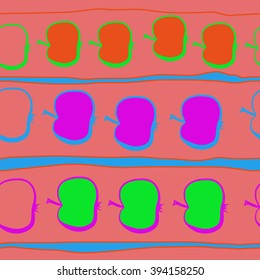 Horizontal seamless pattern of fruits motif, apples, spots, hole, stripes . Hand drawn.