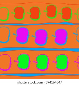 Horizontal seamless pattern of fruits motif, apples, spots, hole, stripes . Hand drawn.