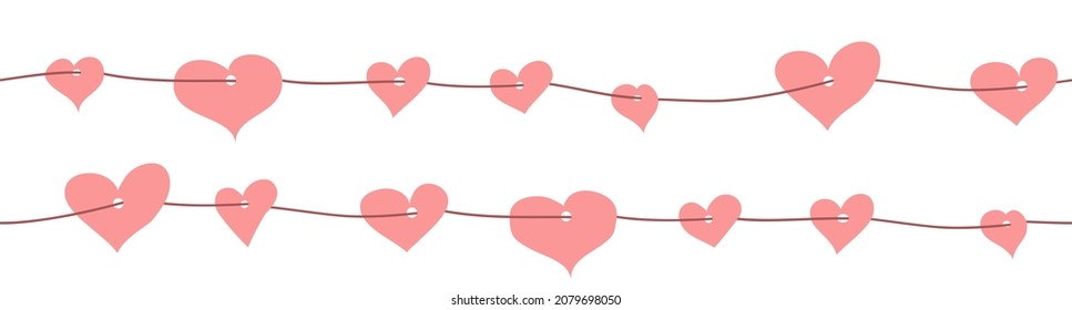 Horizontal seamless pattern with a garland of hearts on a thread. Design elements for a wedding card or a valentine's day card. Vector illustration in flat style on white background