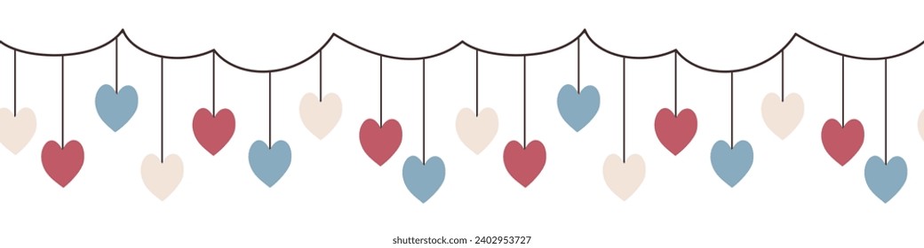 Patrón horizontal sin fisuras con una guirnalda de corazones. Ilustración vectorial en estilo plano sobre fondo blanco. Tarjeta de saludo de amor. Plantilla de banner.