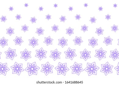 Horizontal seamless pattern of gentle purple flowers with six petals with a dotted texture on a white background. Design template for wrapping paper, printing on fabric, textile, clothes. Hand drawn