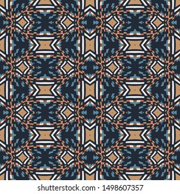 Horizontal seamless pattern  in gold and blue. Ethnic textile print. Vector fashion background. 