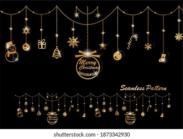 Horizontal seamless pattern gold hanging Christmas on black isolate background that has more elements such as Ornament, present, snowflake, sock, pine tree, and star. X'mas vector for card or banner.