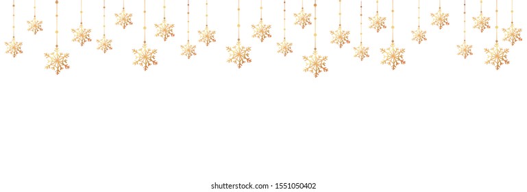 Horizontal seamless pattern with golden snowflakes on white background. Winter holidays background for banner, flyer.