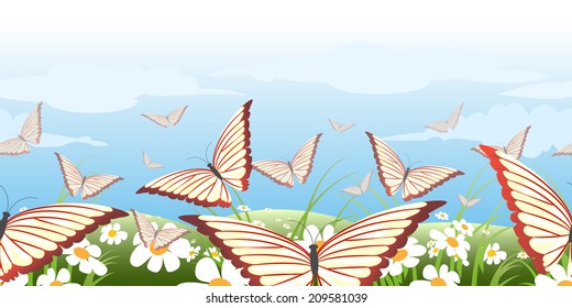 horizontal seamless pattern with green summer meadow and flying butterflies