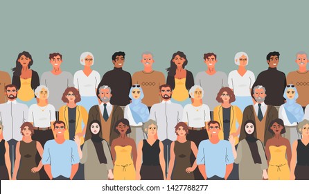 Horizontal seamless pattern with group of happy diverse men and women, students, teachers, colleagues, volunteers of different age that can be used for wrapping, wallpaper, texture, textile, fabric .