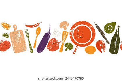 Horizontal seamless pattern with grunge silhouettes of food and utensils isolated on white background. Vector illustration on cooking theme.