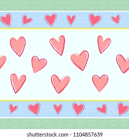 Horizontal seamless pattern with hand drawn hearts on colored background