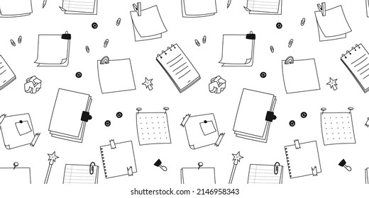 Horizontal seamless pattern of hand drawn doodle notepads, square sheets. Sketch paper clips, pins, paper torn from a notebook. Vector illustration of a pattern of school supplies on a white.