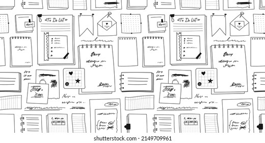 Horizontal seamless pattern of hand drawn paper notes on assorted paper. Sketch paper sheets of different sizes, paper torn from a notebook. Vector pattern of educational supplies on a white.