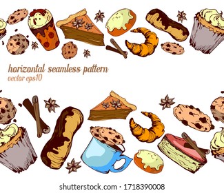 Horizontal seamless pattern with hand-drawn colorful sweets and spices, eclair, croissant, cupcake, cookies, ice cream, donut, illustration isolated on white background. Vector eps10