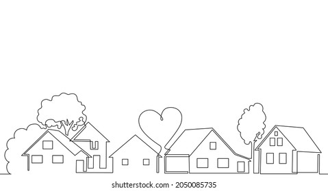 Horizontal Seamless Pattern with Houses, trees, Heart and empty space for text. One line drawing style. Vector illustration. Can be yoused as element for background, cover, banner, flyer, social media
