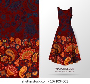 Horizontal seamless pattern in Indian style. Floral backdrop on dress mock up. Paisley. Colorful ornamental . Orange vinous dark blue.