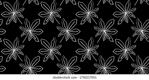 Patrón horizontal sin costuras con hojas. Diseño floral botánico. Textura interminable sobre un fondo negro al estilo Doodle. Impresión moderna. Hermoso adorno para envolver papel, textiles.