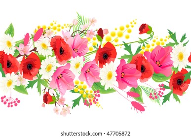 Horizontal seamless pattern made of different summer flowers