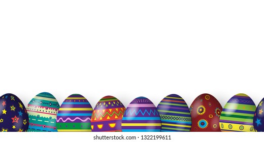 Horizontal seamless pattern made of Easter eggs with different texture on white background. Vector spring holiday seamless background
