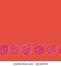 Horizontal seamless pattern with magenta, orange and green watercolor flowers and copy space (place for your text). Gentle colors. Female pattern. Handmade.