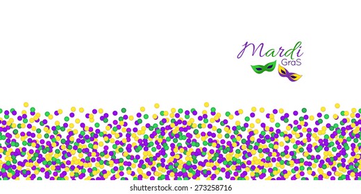 Horizontal Seamless pattern. Mardi Gras Carnival confetti border, masks in purple, green and yellow. Carnival Party, vector.