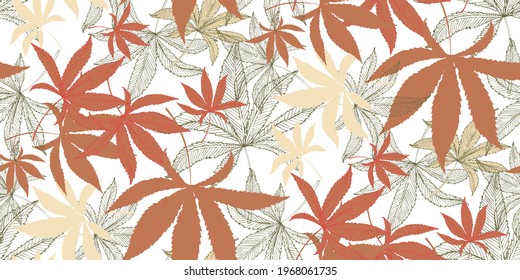 Horizontal seamless pattern with marijuana hemp leaves isolated on white. Hand drawn cannabis leaves. Marijuana Legalization. Template for textile , packaging materials, banner, web design. Vector
