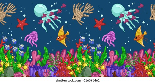 Horizontal seamless pattern with marine life: fish, starfish, jellyfish, seaweed, shells, bubbles and corals. Hand draw art