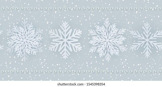 Horizontal seamless pattern for Merry Christmas and New Year. Modern flat design. Christmas and New Year background. Holiday Wallpaper. Winter infinite background. Snowflakes seamless pattern. Vector