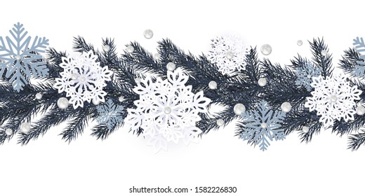 Horizontal seamless pattern for Merry Christmas and New Year. Modern monochrome design. Holiday Wallpaper. Winter infinite background. Snowflakes and Christmas branches seamless pattern. Vector