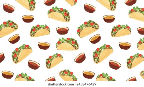 Horizontal seamless pattern with Mexican food. Tacos with sauces. Latin American food on white background. Vector illustration.