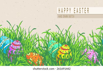 Horizontal seamless pattern of painted easter eggs laying in grass. Hand drawn colored sketch for your design. Vector vintage line art illustration on texture paper. 
