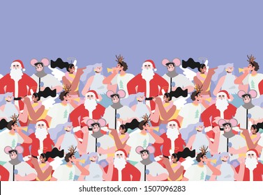 Horizontal seamless pattern with people on a christmas or new year costume party that can be used for wrapping paper, textile, fabric print, wallpaper, covers and other decor textures and backgrounds.