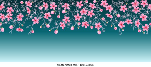 Horizontal seamless pattern with pink sakura flowers and their contour. Isolated background.