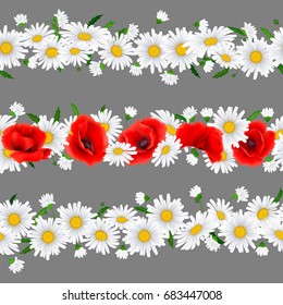 Horizontal Seamless pattern with Poppies and Chamomile