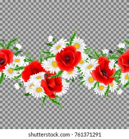 Horizontal Seamless pattern with Poppies and Chamomile.