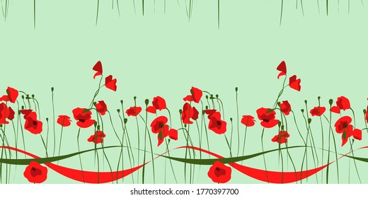 horizontal seamless pattern with poppies and ribbons