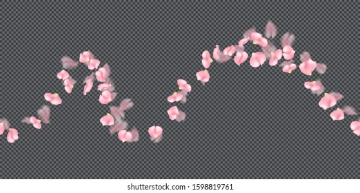 Horizontal seamless pattern of realistic sakura flower petals. Falling pink sakura petals on transparent background. Vector background with spring cherry blossom for valentines day, wedding, birthday