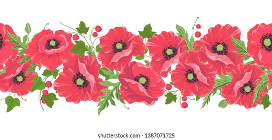 Horizontal seamless pattern with red poppy and berry flowers. Bouquet of wild flowers buds and green leaves isolated on white for summer design. Vector graphics