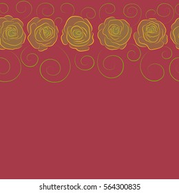 Horizontal seamless pattern with red, yellow and neutral rose flowers and copy space (place for your text), vector floral illustration in vintage style.