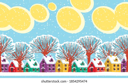 Horizontal seamless pattern. Repeatable winter landscape with cute colored houses, yellow clouds in the sky and snowy trees on a snow-covered street. Decorative vector illustration in cartoon style