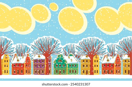 Horizontal seamless pattern. Repeatable winter landscape with cute colored houses, yellow clouds in the sky and snowy trees on a snow-covered street. Decorative vector illustration in cartoon style